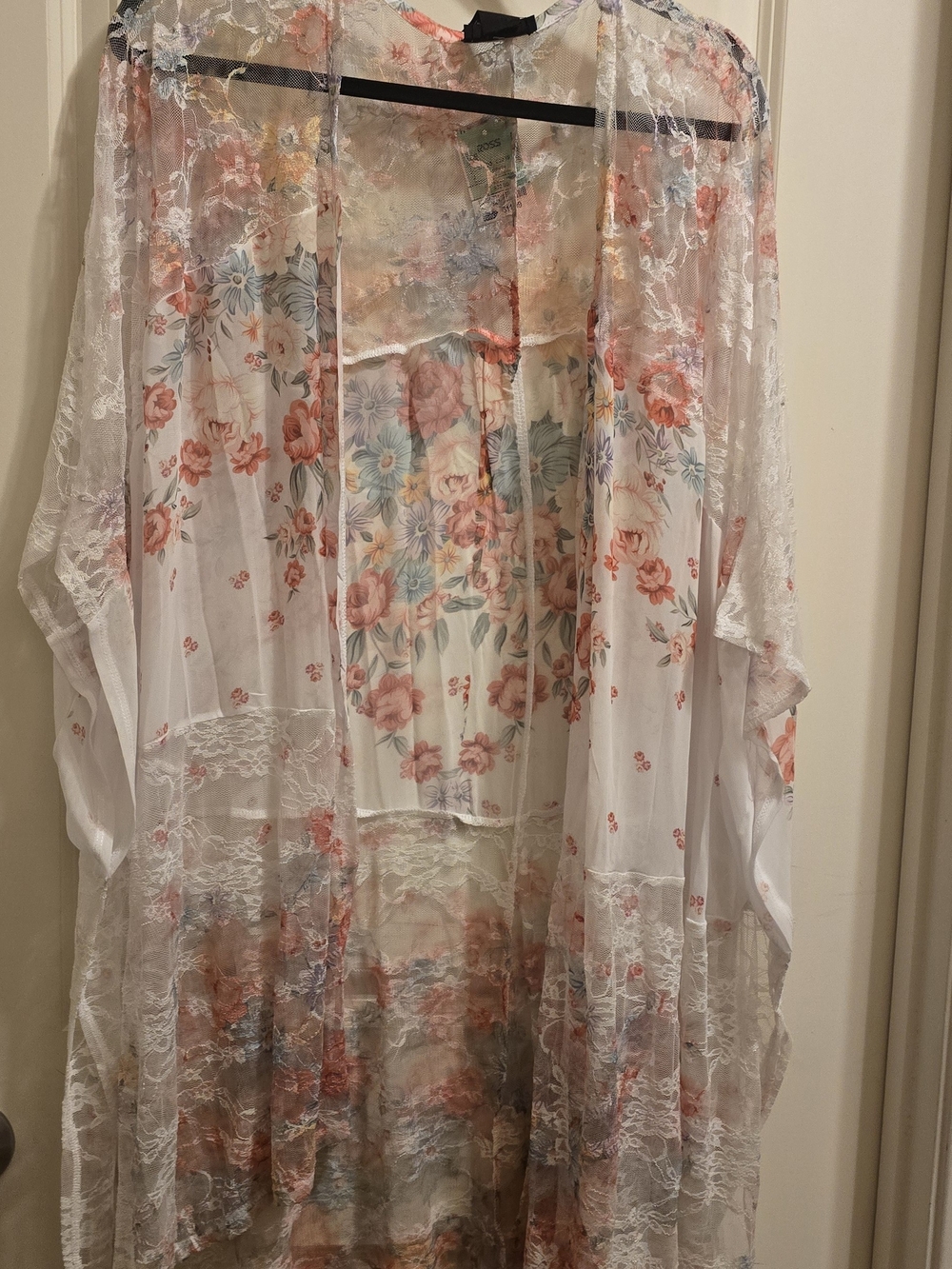 Floral Lace Sheer Kimono Top - White/Pink